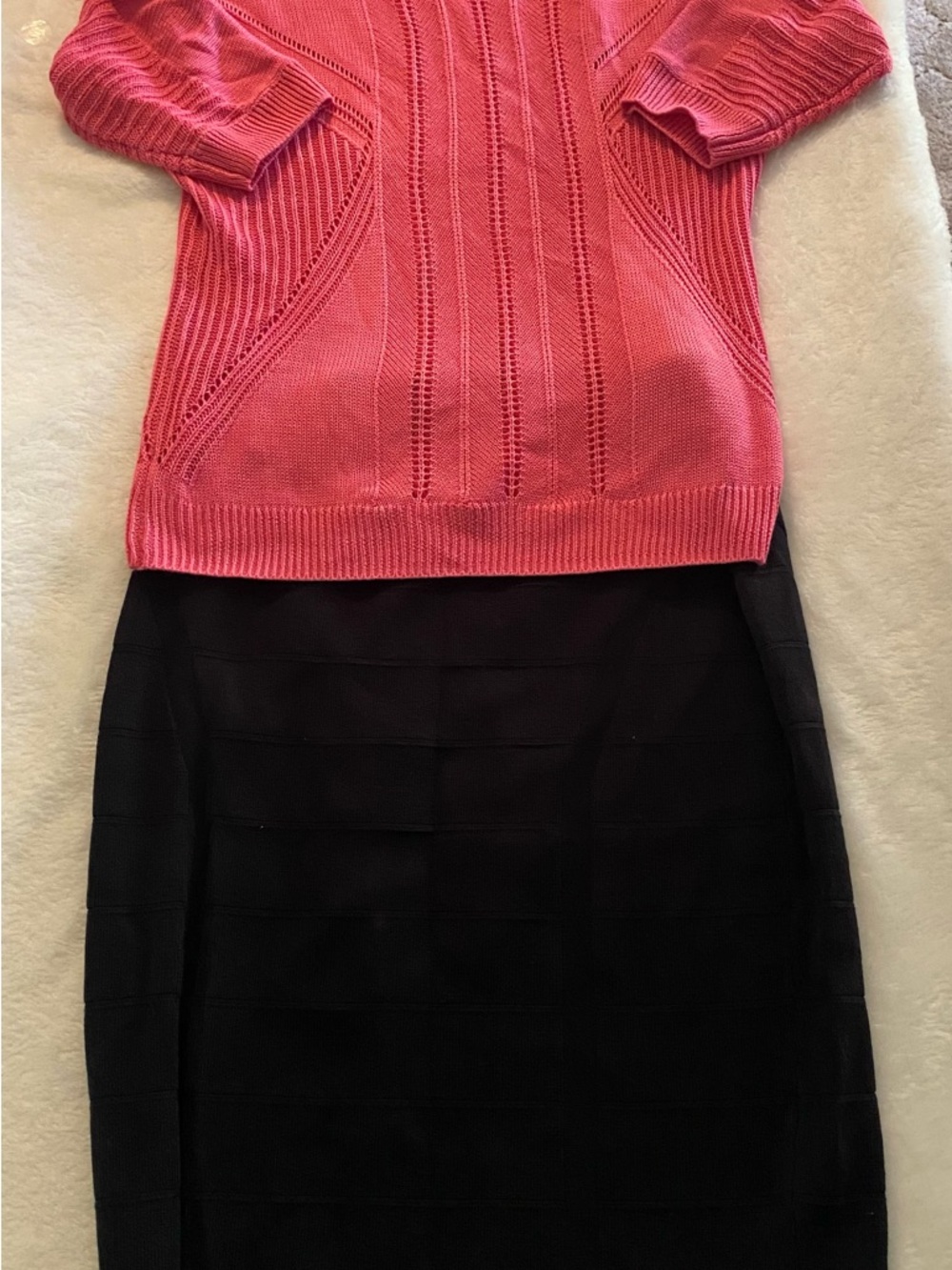 New York & Company Coral Pink Knit Sweater paired with a Black Cato Skirt